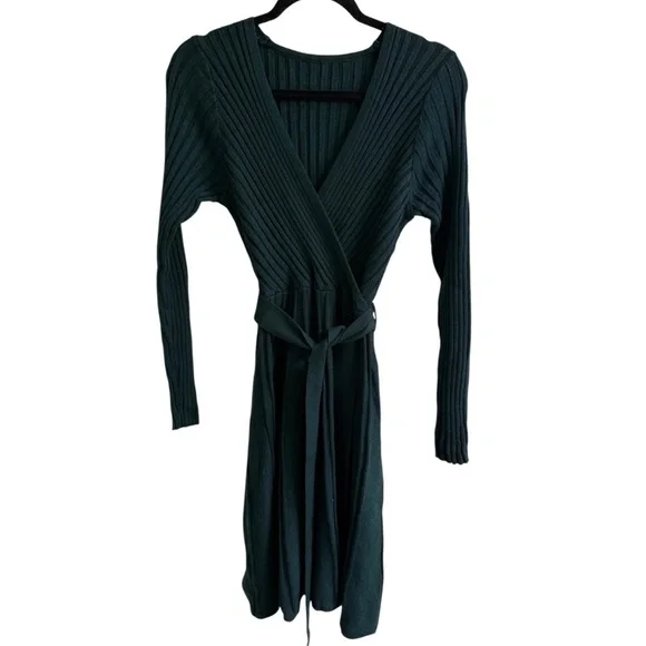 Women’s Long Sleeve Wrap V-Neck Ribbed Knit A line Sweater Dress - Picture 5 of 10